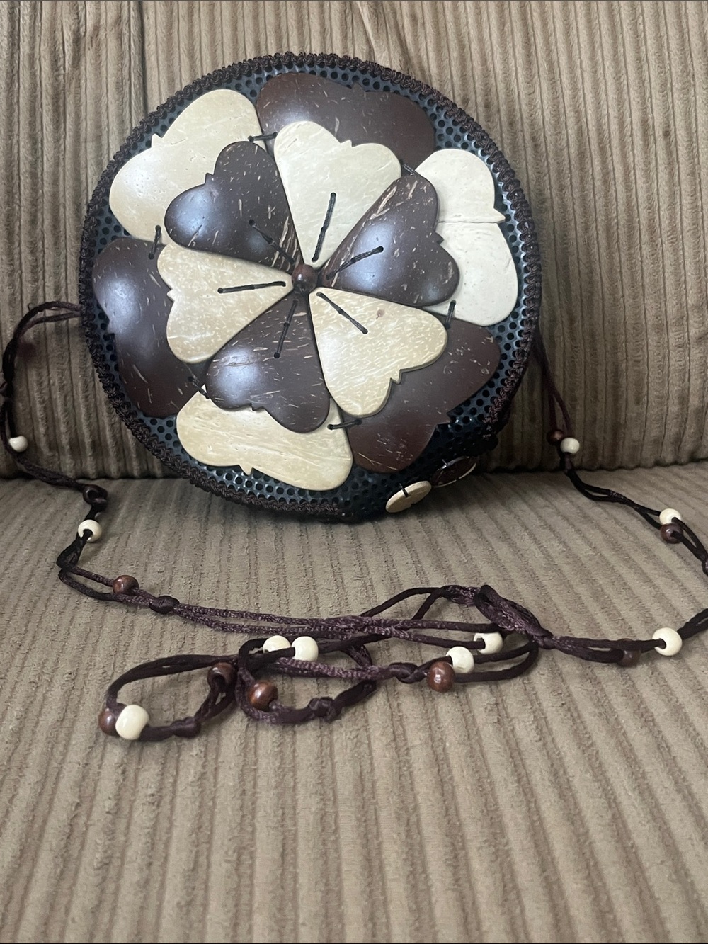 Handcrafted Round Coconut Shell Floral Crossbody Bag - Brown & Cream